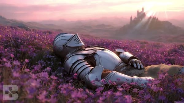 knight resting in flower field