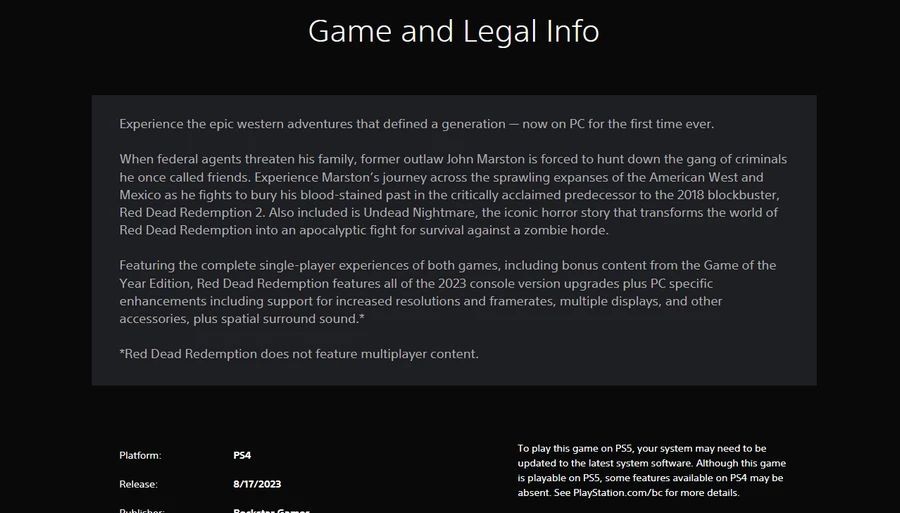 Red Dead Redemption PC version Details in PlayStation Store